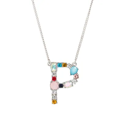 Geometric Zircon 26 English Letter Alphabet Pendant Necklace 25+5cm