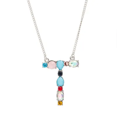 Geometric Zircon 26 English Letter Alphabet Pendant Necklace 25+5cm