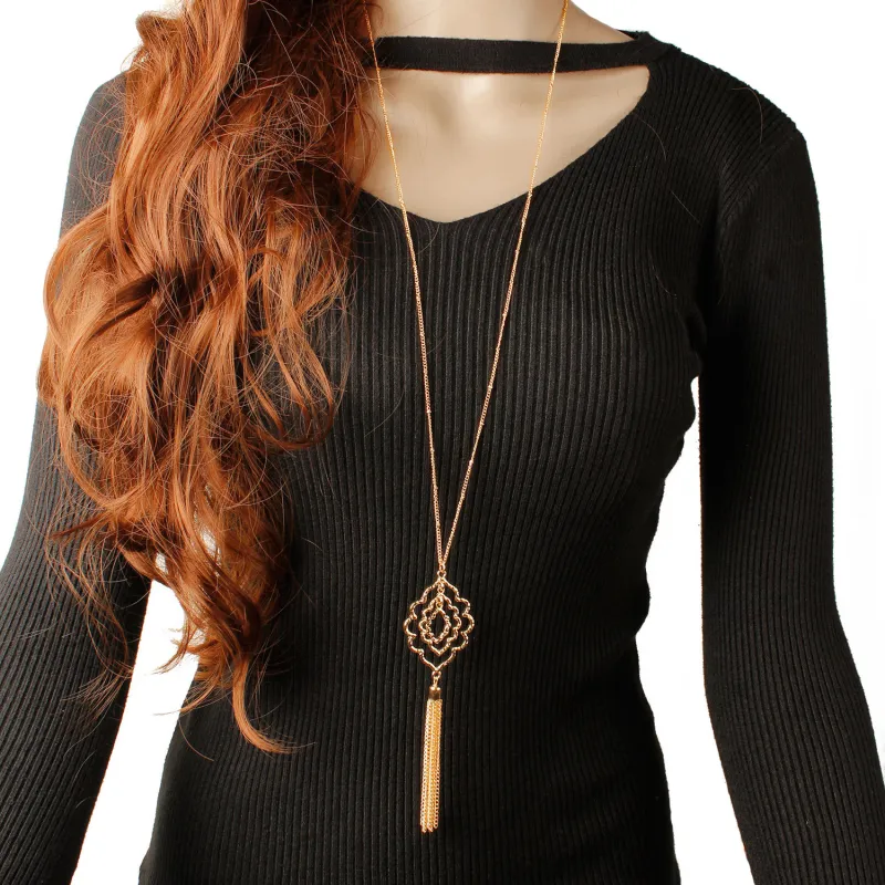 Simple Hollow Geometric Tassel Pendant Opera Lariat Necklace