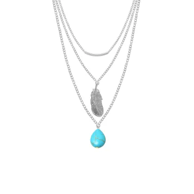 Women's Leaves Turquoise Teardrop Decor Multilayer Alloy Cross Chain Necklace