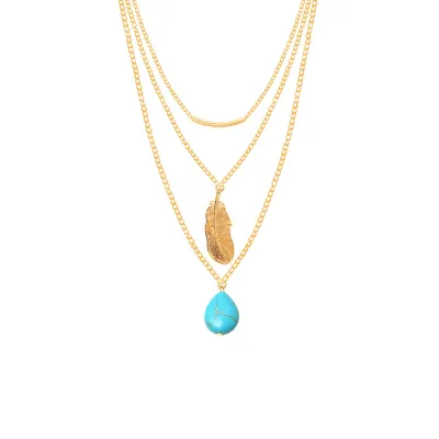 Women's Leaves Turquoise Teardrop Decor Multilayer Alloy Cross Chain Necklace