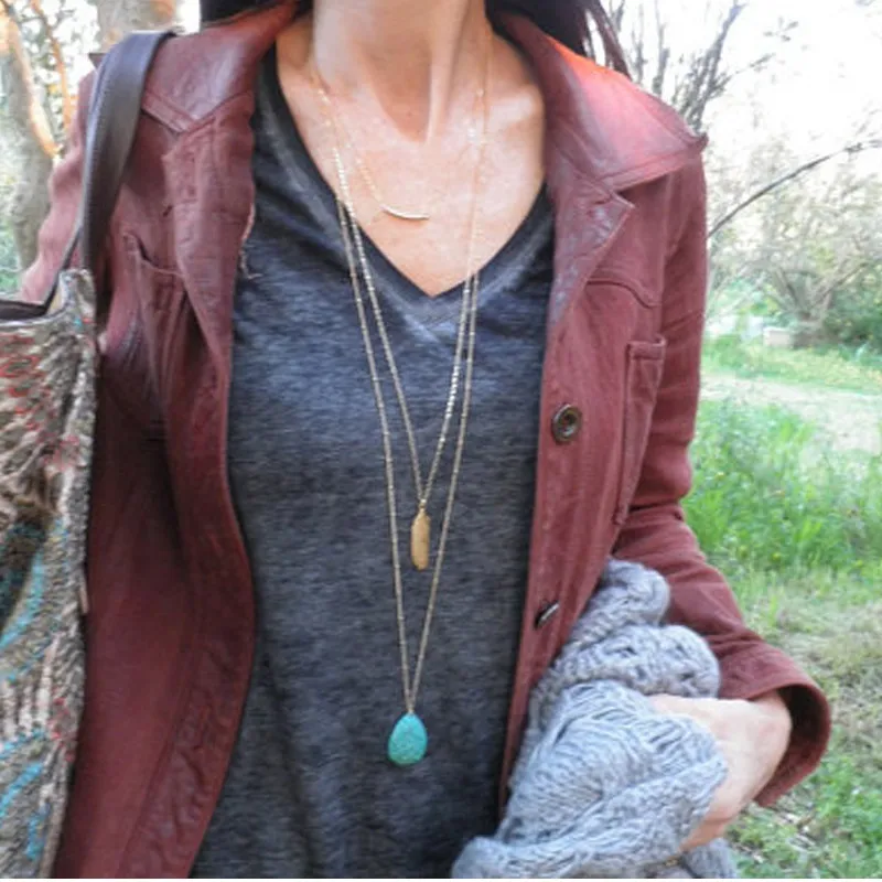 Women's Leaves Turquoise Teardrop Decor Multilayer Alloy Cross Chain Necklace