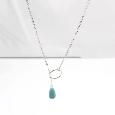 Women's Geometric Circle Turquoise Pendant Necklace with Mother-of-Pearl Decor