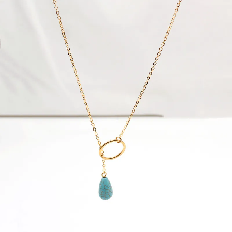 Women's Geometric Circle Turquoise Pendant Necklace with Mother-of-Pearl Decor