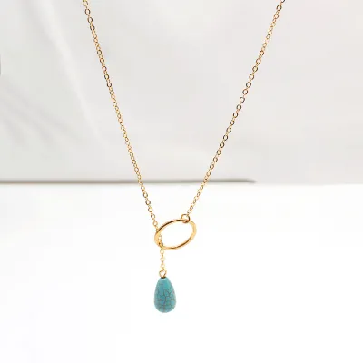 Women's Geometric Circle Turquoise Pendant Necklace with Mother-of-Pearl Decor