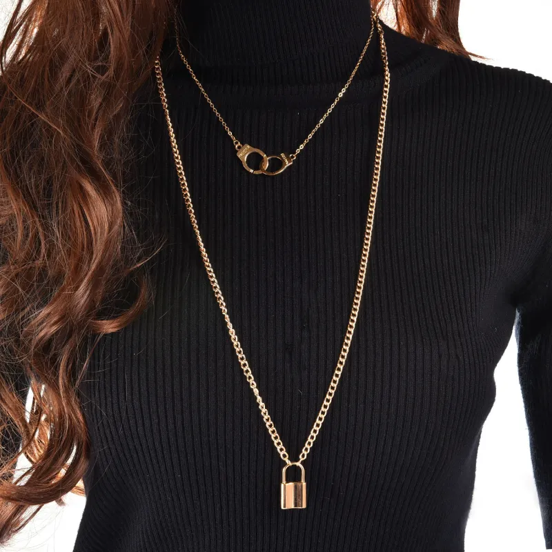 Trendy Alloy Handcuffs Lock Decor Women Double-layer Necklace