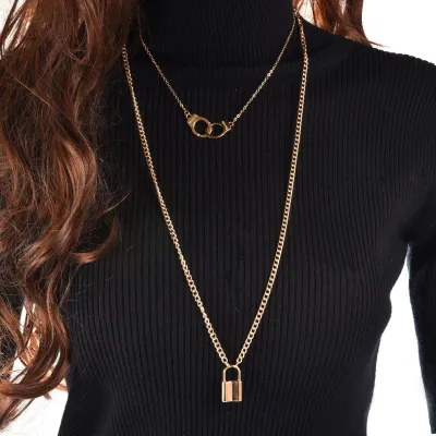 Trendy Alloy Handcuffs Lock Decor Women Double-layer Necklace
