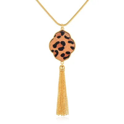 Geometric Leopard Pattern Tassel Pendant Necklace