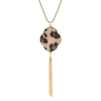 Geometric Leopard Pattern Tassel Pendant Necklace