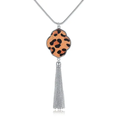 Geometric Leopard Pattern Tassel Pendant Necklace