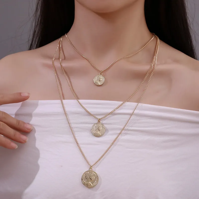 Portrait Coin Pendant Women Three-layer Necklace Ethnic Alloy Geometric Cross Chain
