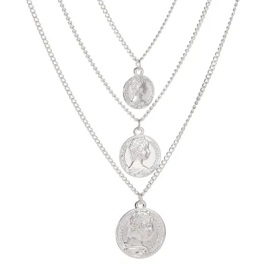 Portrait Coin Pendant Women Three-layer Necklace Ethnic Alloy Geometric Cross Chain