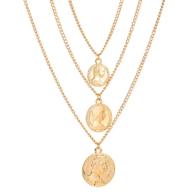 Portrait Coin Pendant Women Three-layer Necklace Ethnic Alloy Geometric Cross Chain