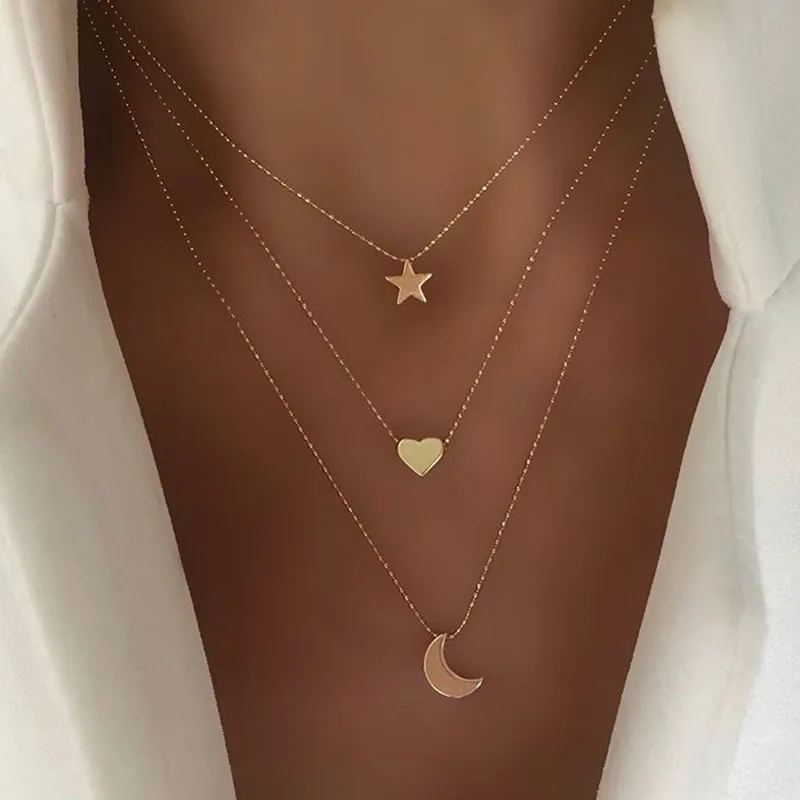 Retro Star Love Heart Moon Ornament Three-layer Alloy Necklace