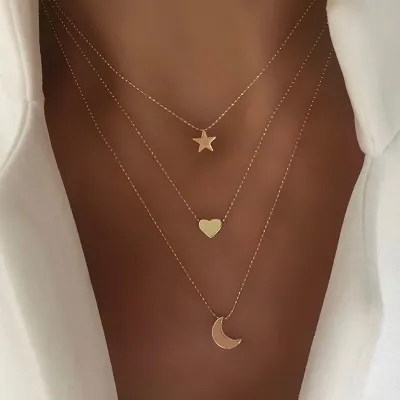 Retro Star Love Heart Moon Ornament Three-layer Alloy Necklace