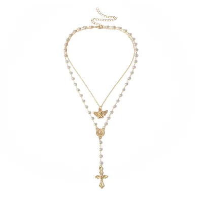 Retro Y-shaped Imitation Pearl Angel Cross Tassel Double-layer Necklace