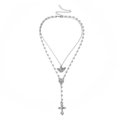 Retro Y-shaped Imitation Pearl Angel Cross Tassel Double-layer Necklace