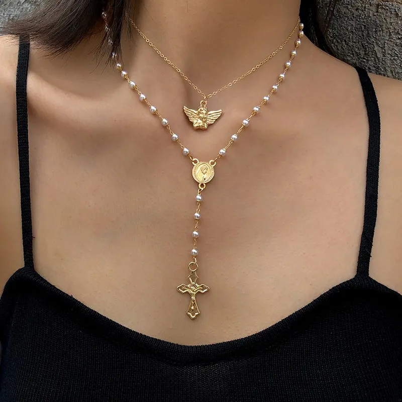 Retro Y-shaped Imitation Pearl Angel Cross Tassel Double-layer Necklace