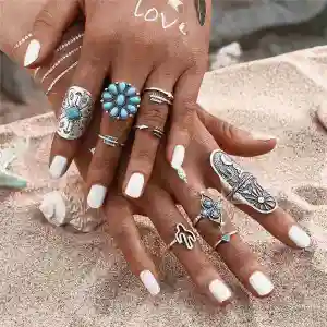 Vintage Bohemian Turquoise Arrow Shield Shape Rings Set for Women Alloy Flower Design