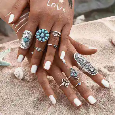 Vintage Bohemian Turquoise Arrow Shield Shape Rings Set for Women Alloy Flower Design