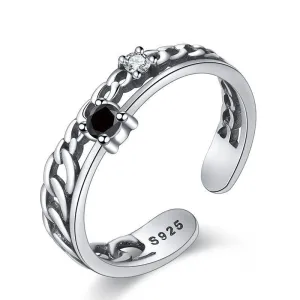 S925 Silver Antique Pattern Obsidian Gemstone Adjustable Ring