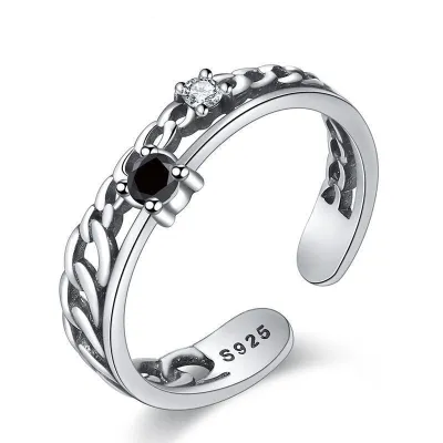 S925 Silver Antique Pattern Obsidian Gemstone Adjustable Ring