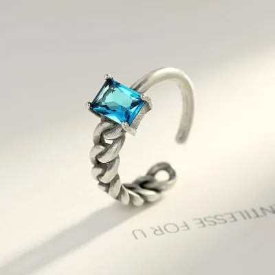 Fashion Sterling Silver Twisted Unique Zircon Adjustable Ring Women's Vintage Geometric