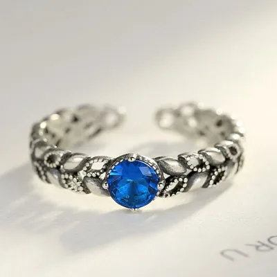 Vintage Style Women S925 Sterling Silver Simple Leaf Pattern Adjustable Ring