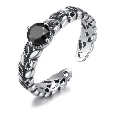 Vintage Style Women S925 Sterling Silver Simple Leaf Pattern Adjustable Ring