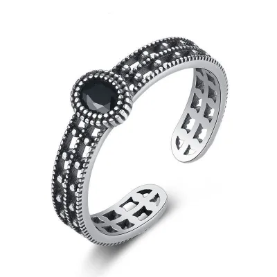 Women Fashion Hollow Carving Design Sterling Silver Adjustable Ring