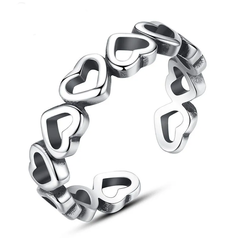 Fashion Hollow Hearts Design Luxury 925 Sterling Silver Adjustable Ring