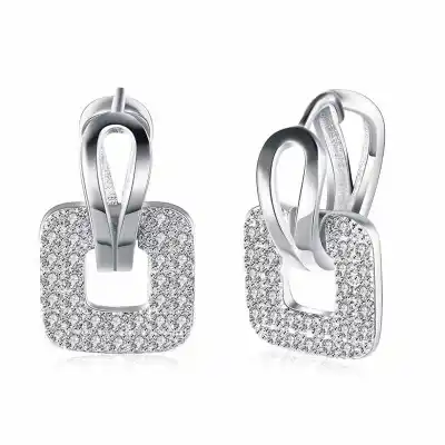 Lady Full Zircon Decoration Hollow Square Shape Pendant Clip Earrings