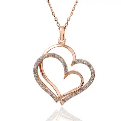 Rose Gold Plated Double Heart Alloy Women Fashion Necklace with Water Wave Chain