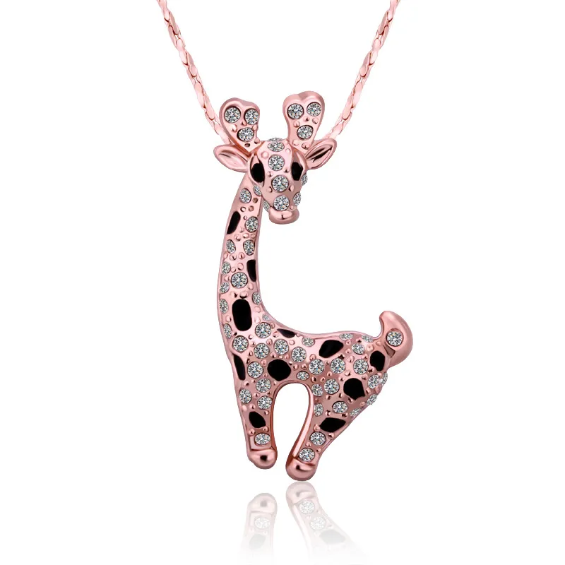 Elegant Graceful Gold Plated Rose Color Cute Deer Shape Crystal Pendant Necklace Women's Box Chain
