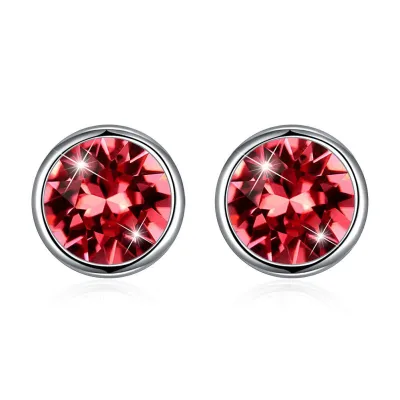 Simple Round Shape Shiny Crystal Women Sterling Silver Stud Earrings