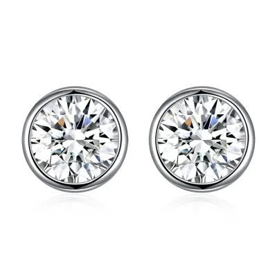 Simple Round Shape Shiny Crystal Women Sterling Silver Stud Earrings