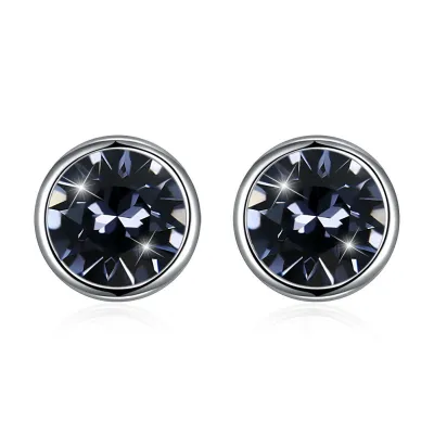 Simple Round Shape Shiny Crystal Women Sterling Silver Stud Earrings