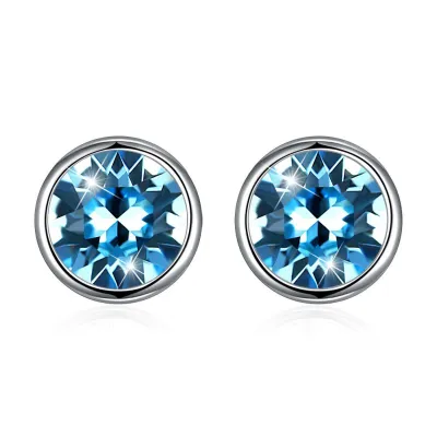 Simple Round Shape Shiny Crystal Women Sterling Silver Stud Earrings