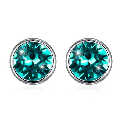 Simple Round Shape Shiny Crystal Women Sterling Silver Stud Earrings