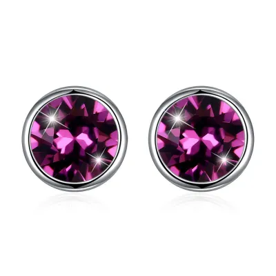 Simple Round Shape Shiny Crystal Women Sterling Silver Stud Earrings