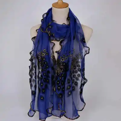 Fashion Lace Wave Shape Peacock Embroidery Scarf