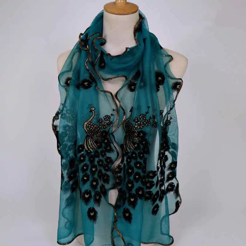 Fashion Lace Wave Shape Peacock Embroidery Scarf