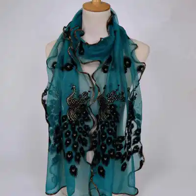 Fashion Lace Wave Shape Peacock Embroidery Scarf