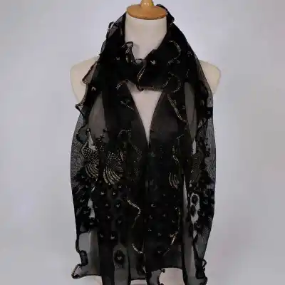 Fashion Lace Wave Shape Peacock Embroidery Scarf