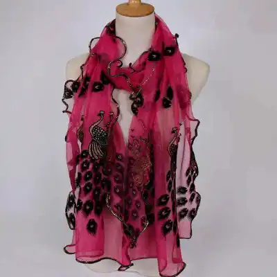 Fashion Lace Wave Shape Peacock Embroidery Scarf