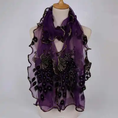 Fashion Lace Wave Shape Peacock Embroidery Scarf