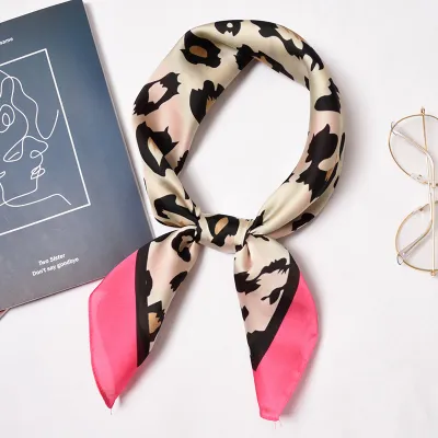 Leopard Print Women Color Blocking Vintage Square Satin Scarf 70x70cm