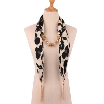Women Leopard Print Chiffon Pendant Necklace Scarf