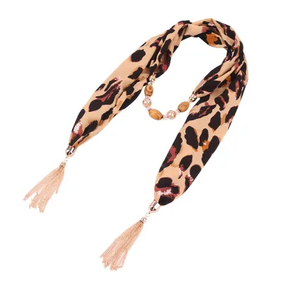 Women Leopard Print Chiffon Pendant Necklace Scarf