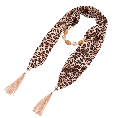 Women Leopard Print Chiffon Pendant Necklace Scarf